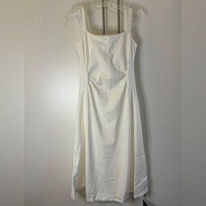 Chic Square Neck White Midi Dress w Pleated Waist